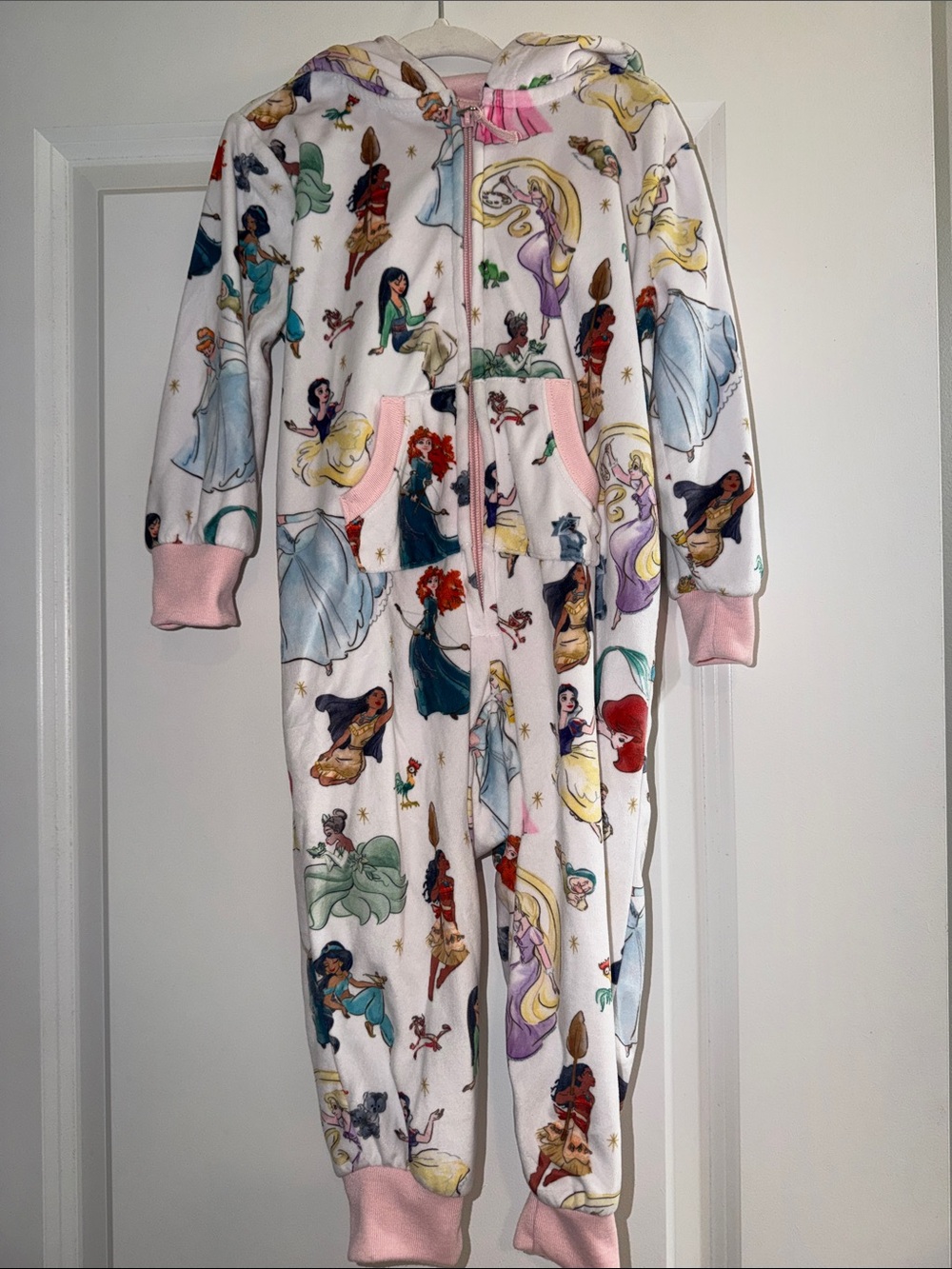 Disney Girls' Princess Hooded One-Piece Zip Fleece PJs